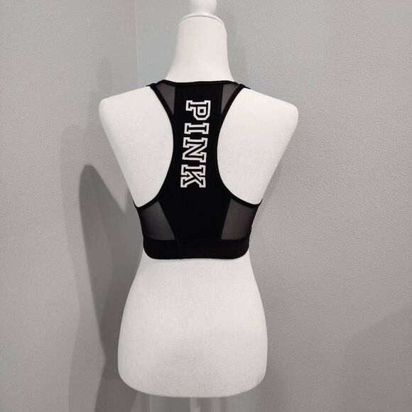 PINK Women Sports Bra M Black Spellout Racerback Mesh Pullover - Picture 2 of 7